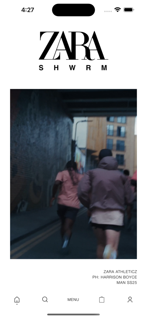 Zara SHWRM - Tela inicial do aplicativo móvel Zara SHWRM apresentando a campanha Zara Athleticz para profissionais da indústria da moda.