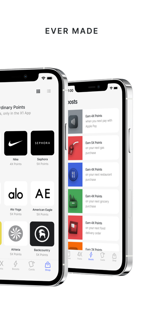X1 Card - X1 Card mobile app interface showing shopping rewards and point boosts for retailers like Nike and Sephora.