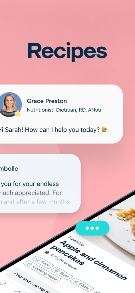 Second Nature - Second Nature app interface showing a nutritionist profile and healthy recipe options like apple and cinnamon pancakes.