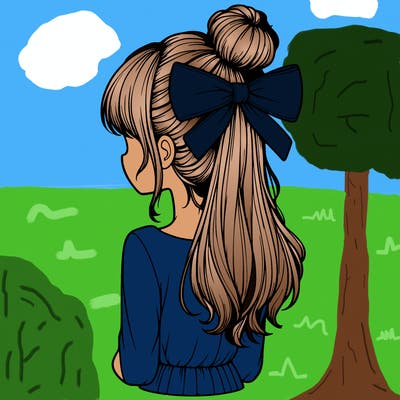 realistic girl  with hip length hair a bun and a big bow on the back of head