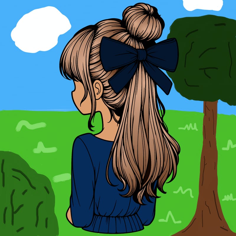 realistic girl  with hip length hair a bun and a big bow on the back of head