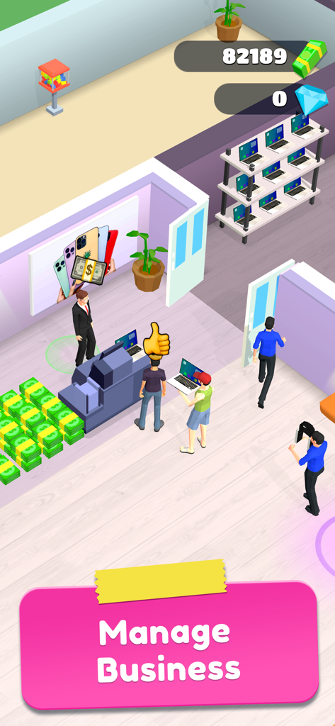 My Shopping Rush: Manage Mall - Jogabilidade de My Shopping Rush mostrando clientes comprando eletrônicos e pilhas de dinheiro em um shopping.