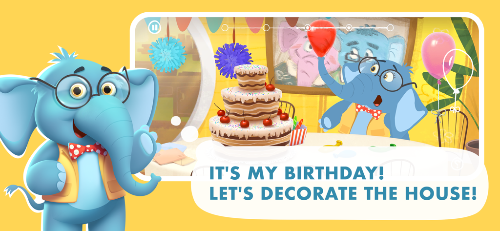 A blue elephant character in Jungle Town wearing glasses and a bowtie next to a large three-tier birthday cake and decorations