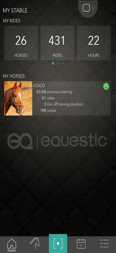 Equestic SaddleClip app interface showing the My Stable dashboard with horse training statistics and profile for a horse named Coco.