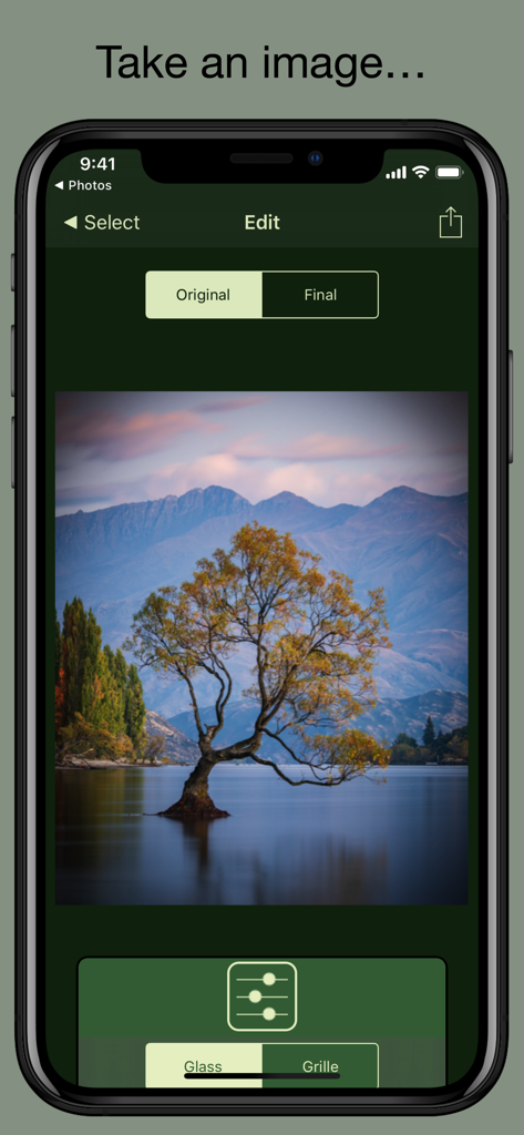 Stained Glass - Photo Effect - Interface de l'application mobile Vitrail - Effet Photo montrant une photo originale d'un arbre dans un lac avant l'application du filtre