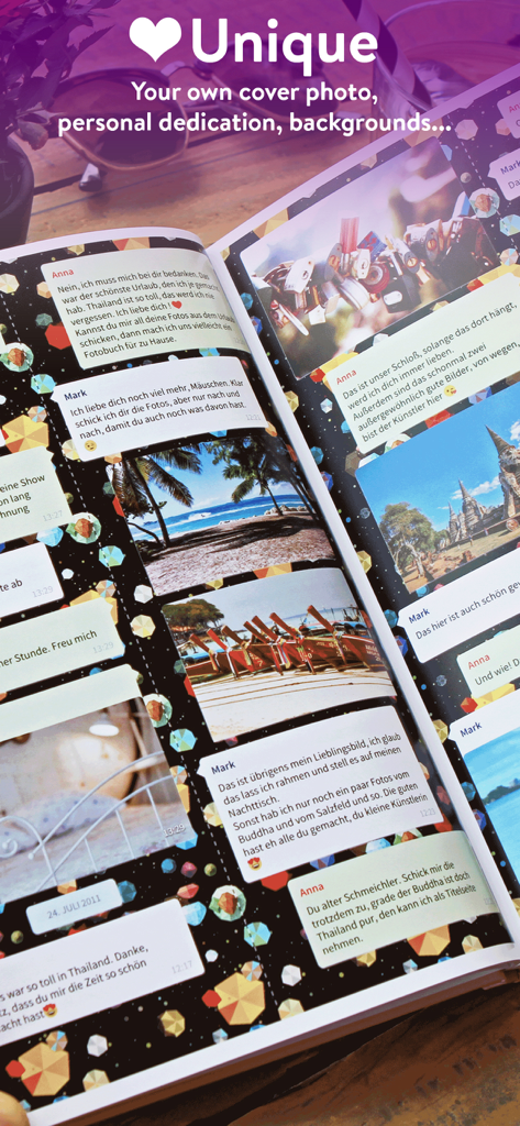 印刷されたメッセージとパーソナライズされた写真が掲載された物理的なzapptalesチャットブック