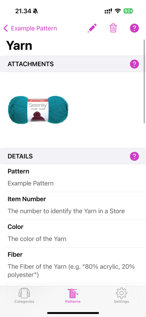 Crocheting Patterns Lite - Pantalla de la aplicación que muestra detalles de lana y una foto para un proyecto de patrón de ganchillo