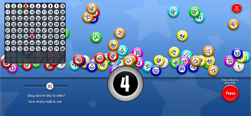 Digital bingo caller screen with colorful numbered balls and a status grid.