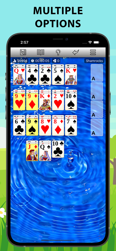 700 Solitaire Games Pro - A mobile phone showing 700 Solitaire Games Pro with a blue water background and classic card game interface.
