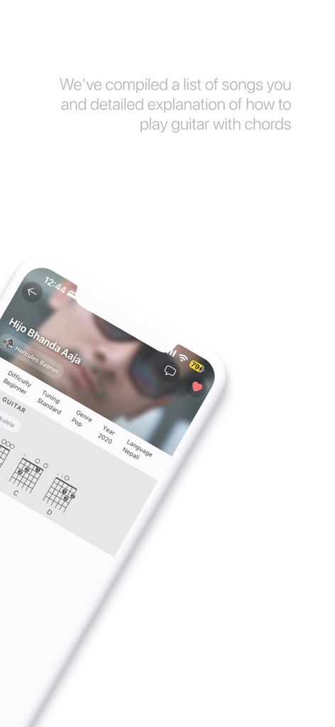 ChordPedia: Guitar Chords - App interface of ChordPedia displaying guitar chord diagrams for the Nepali song Hijo Bhanda Aaja