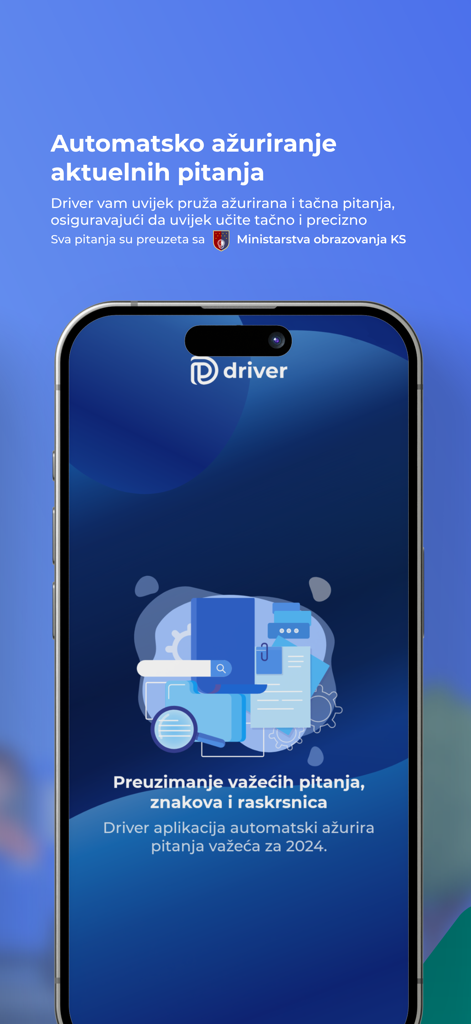 Driver Testovi - BiH - Pantalla de la aplicación Driver Testovi BiH mostrando actualizaciones automáticas para preguntas de examen de conducir y señales de tráfico.