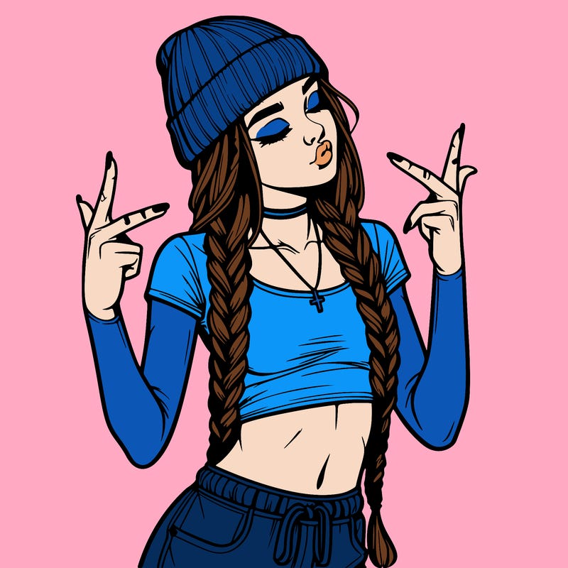 realistic teenage girl with braids and a beanie and crop top doing 🫶🏼
