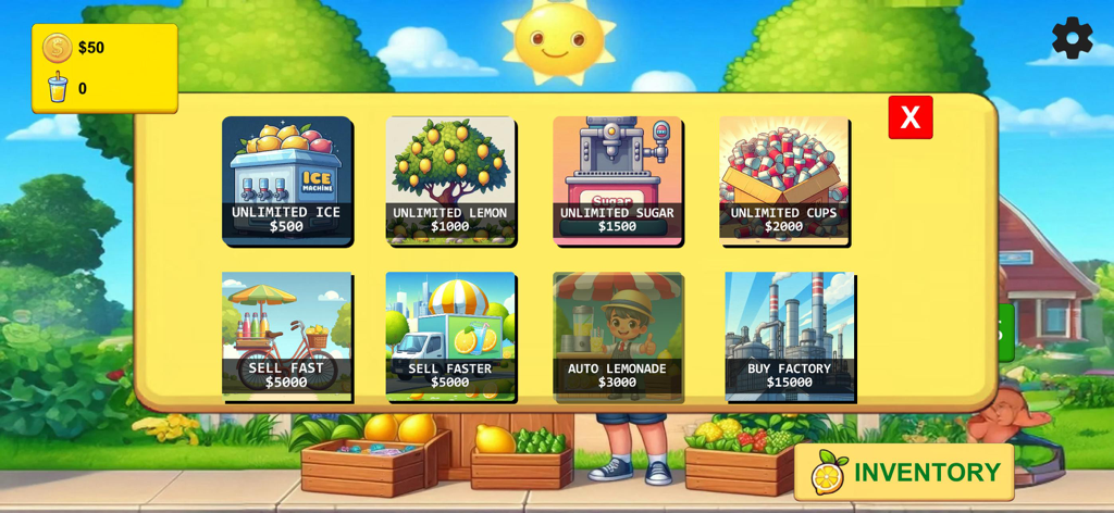 Lemonade Business Tycoon - The upgrade shop in Lemonade Business Tycoon showing options for unlimited ingredients and factory automation.