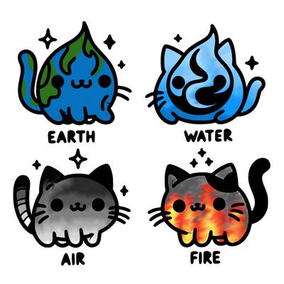 4 cats that represent the different elements, earth, water, air, and fire