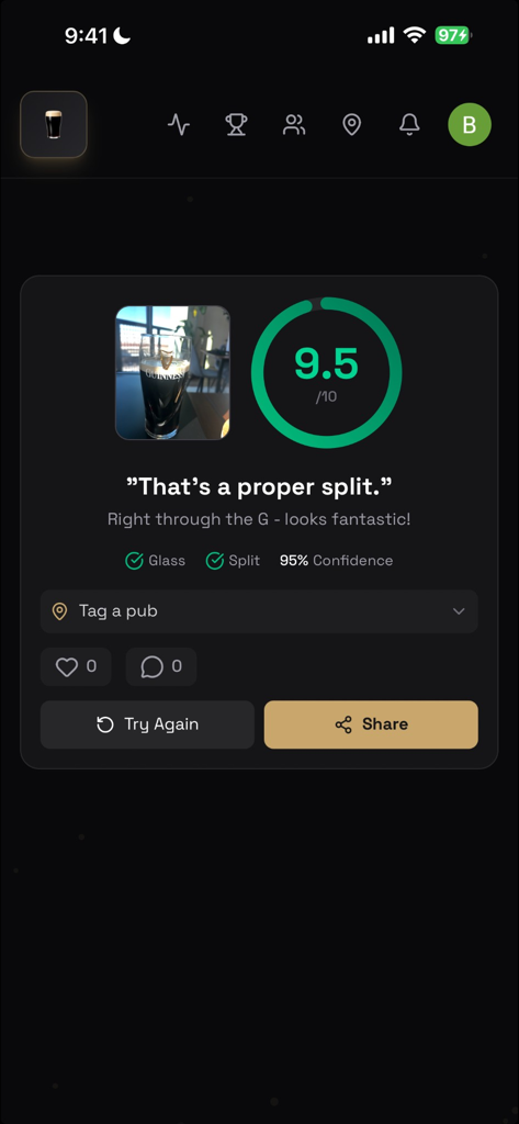 G-Score - G-Score mobile app screen showing a 9.5 rating for a Guinness split with social sharing options