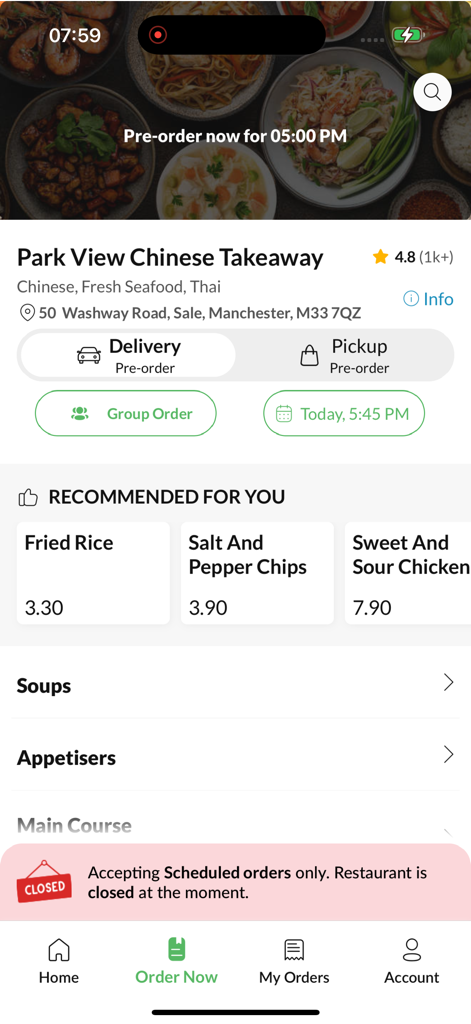 Park View Chinese Takeaway app interface showing food menu categories and delivery options