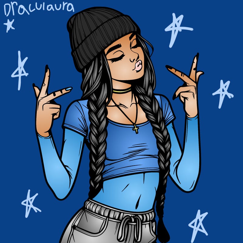 realistic teenage girl with braids and a beanie and crop top doing 🫶🏼