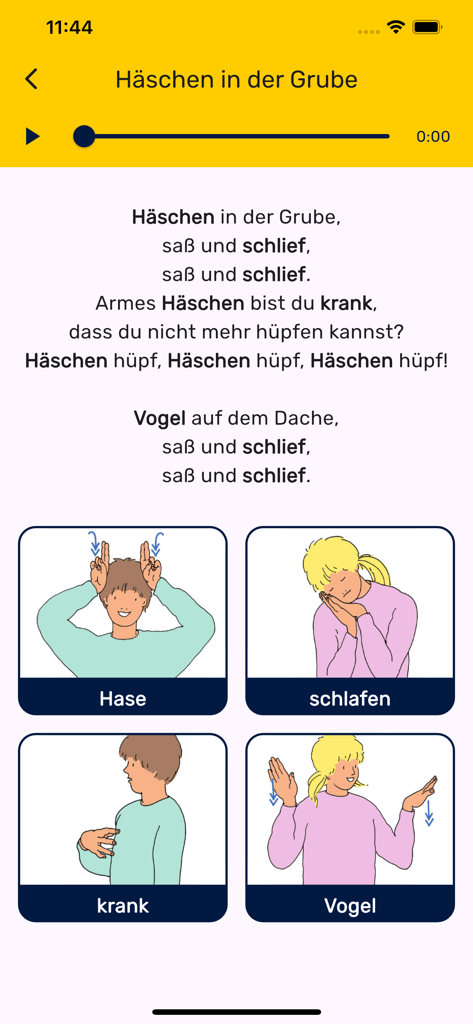 Captura de pantalla de la app GuK que muestra la letra de canciones infantiles alemanas e ilustraciones de vocabulario de lenguaje de signos como conejo y dormir.
