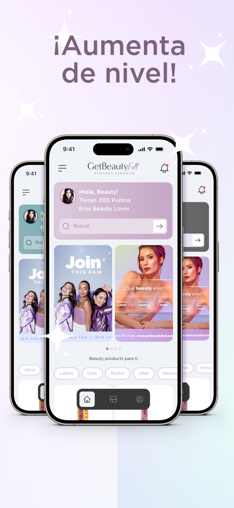 GetBeautyFull App - Interfaz de la aplicación GetBeautyFull mostrando recompensas de lealtad y niveles de membresía