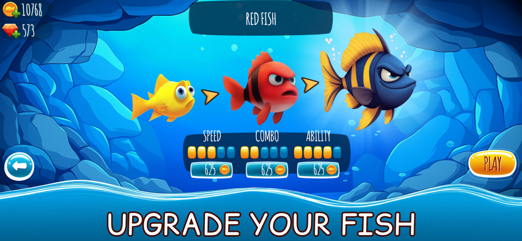 Hungry Ocean: Eat Fish & Grow - Menú de evolución y mejora de peces en el juego móvil Hungry Ocean.