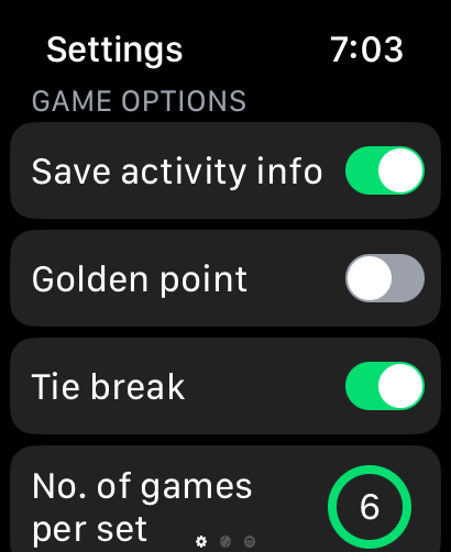 Interfaz de Apple Watch que muestra las opciones del juego de pádel, incluyendo configuración de tie break y punto de oro
