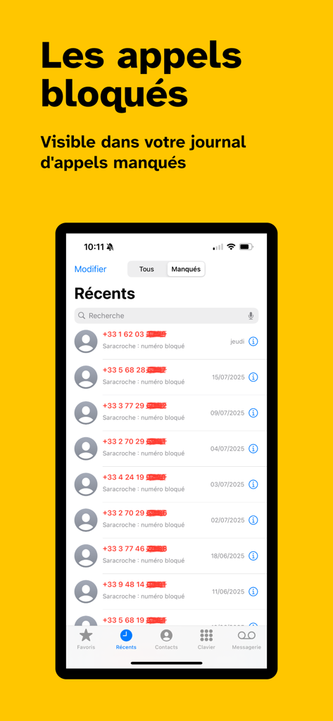 Saracroche : bloqueur d'appels - iPhone call log displaying several spam phone numbers labeled as blocked by the Saracroche app