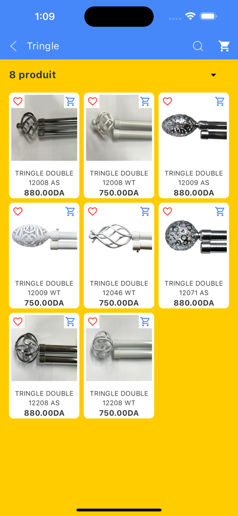 El Wafa Plus - El Wafa Plus app catalog screen showing various double curtain rod models with prices in Algerian Dinars