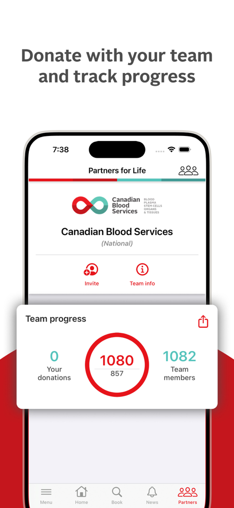 GiveBlood - GiveBlood app Partners for Life screen showing team donation progress and member stats
