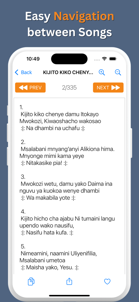 Nyimbo Za Wokovu - Nyimbo Za Wokovu app screenshot showing Swahili hymn lyrics with previous and next navigation buttons.