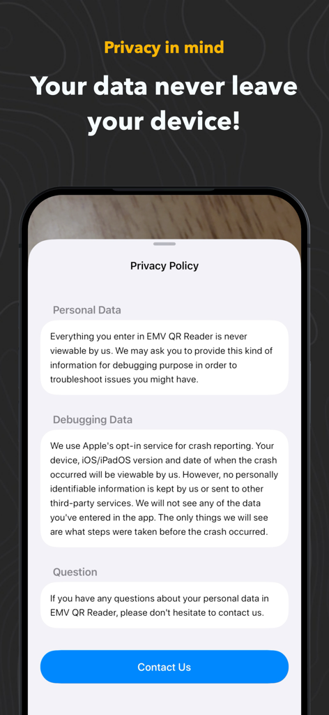 Tela da política de privacidade do aplicativo EMV QR Reader destacando o armazenamento local de dados e segurança para profissionais de fintech