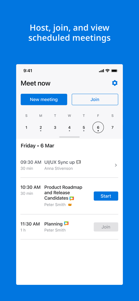 AnyMeeting app interface showing a list of scheduled professional meetings with options to host and join