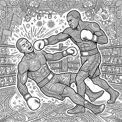 Step into the ring with this exhilarating adult coloring page, capturing the powerful moment of a boxer being knocked down. Dive into intricate patterns and detailed artwork, perfect for a focused and engaging coloring experience.