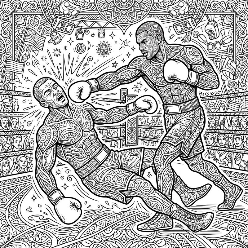 Step into the ring with this exhilarating adult coloring page, capturing the powerful moment of a boxer being knocked down. Dive into intricate patterns and detailed artwork, perfect for a focused and engaging coloring experience.