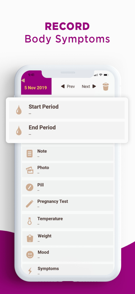 MyDays X - Interface of the MyDays X app showing various health tracking options like period dates temperature and weight