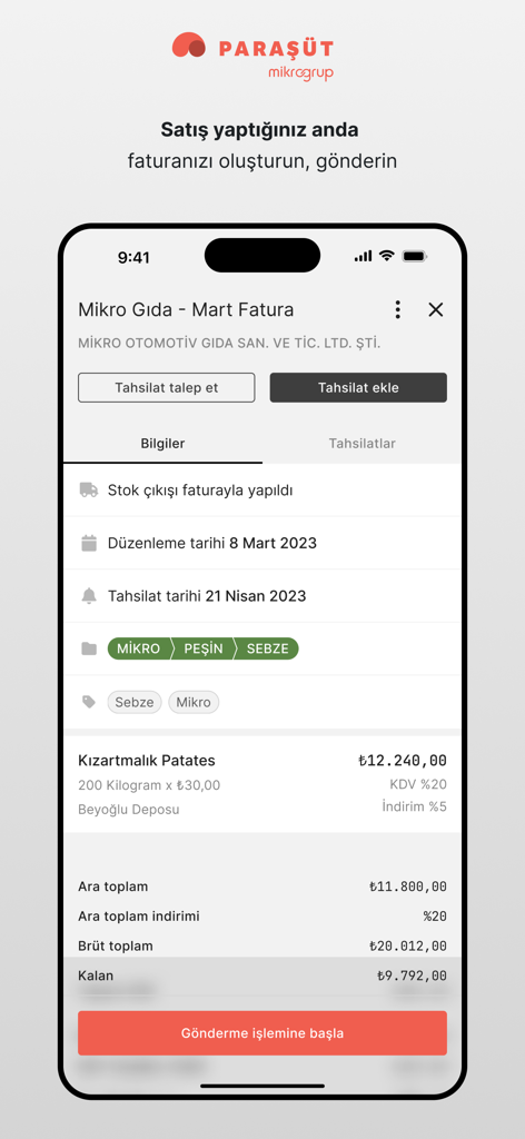 Paraşütモバイルアプリのインターフェース。品目ごとのコストと回収日が記載された詳細なデジタル請求書が表示されています。