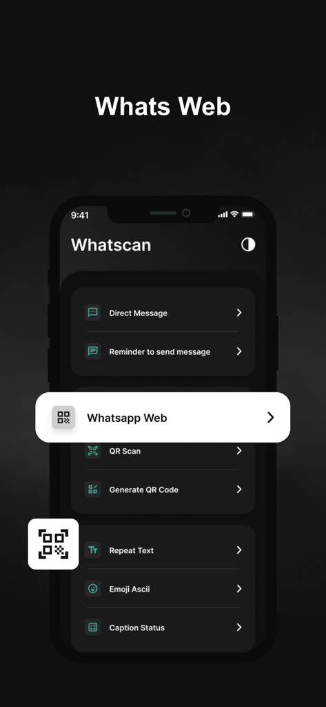 Interface de l'application WT Scan for Web montrant des fonctionnalités telles que Whatsapp Web et Direct Message en mode sombre.