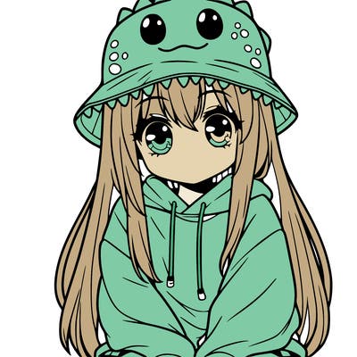 girl with anime shaped eyes with a dinosaur bucket hat oversized sweatshirt long straight hair