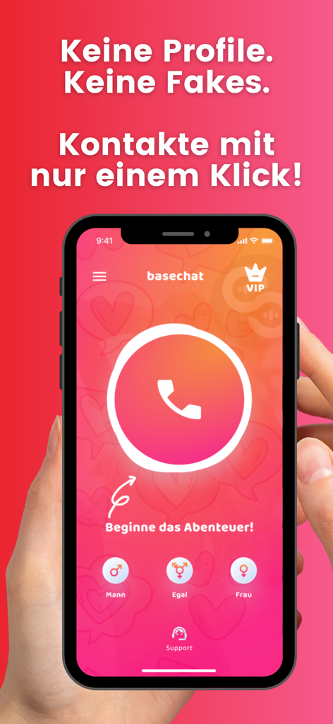 BaseChat - Audio Dating App - BaseChat mobile app home screen showing a large central call button to start an audio dating conversation with one click