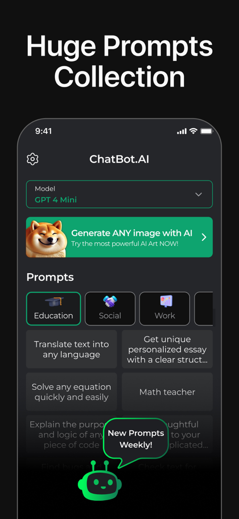 Interfaccia dell'app ChatBot AI che mostra una vasta raccolta di prompt con categorie per l'istruzione, i social e il lavoro