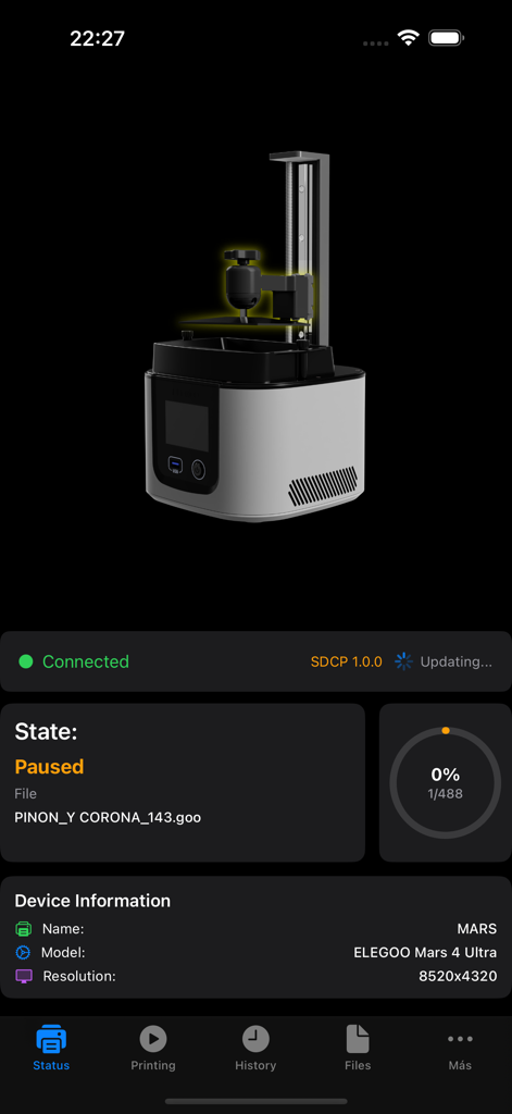 Resin Control - Panel de la aplicación Resin Control mostrando el estado y detalles de una impresora 3D Elegoo Mars 4 Ultra conectada.