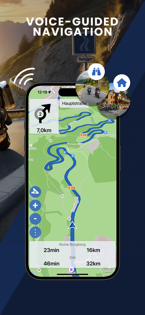 Kurviger Motorcycle Navigation - Smartphone displaying a curvy motorcycle route with voice-guided navigation on the Kurviger app
