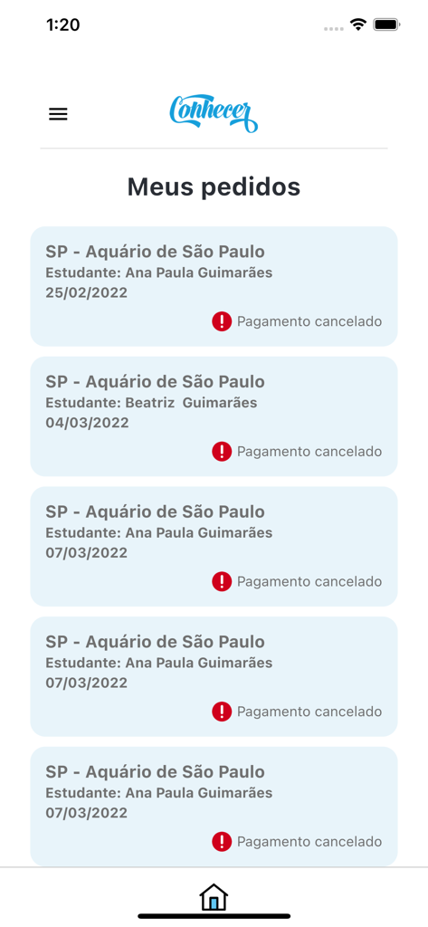 Tela do aplicativo Forma Conhecer exibindo uma lista de pedidos de viagens pedagógicas com nomes de alunos e status de pagamento