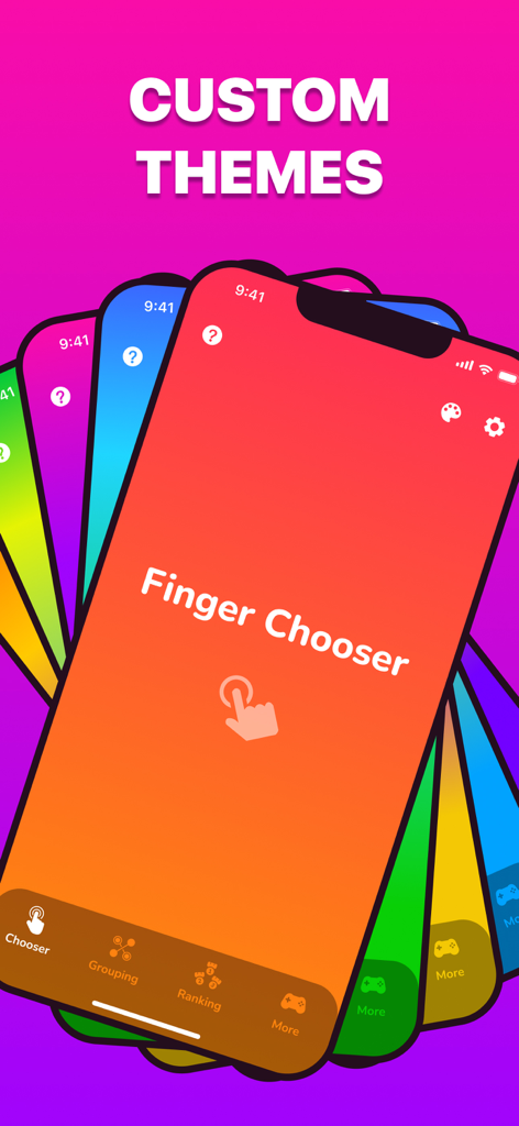 Finger Chooser: Party Picker - A showcase of vibrant neon custom themes within the Finger Chooser app interface