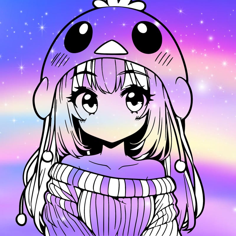 anime girl with chick shaped hat with sweater with bare shoulders with bangs covering them one eye with low tail