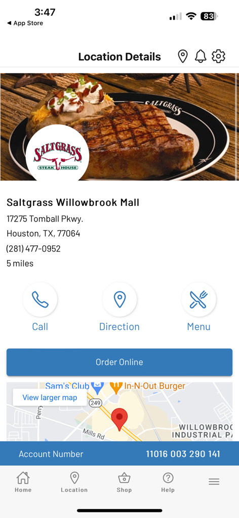 LSC - Schermata dei dettagli della località per Saltgrass Steak House nell'app Landrys Select Club