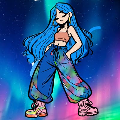 girl in baggy pants crop top and long hair