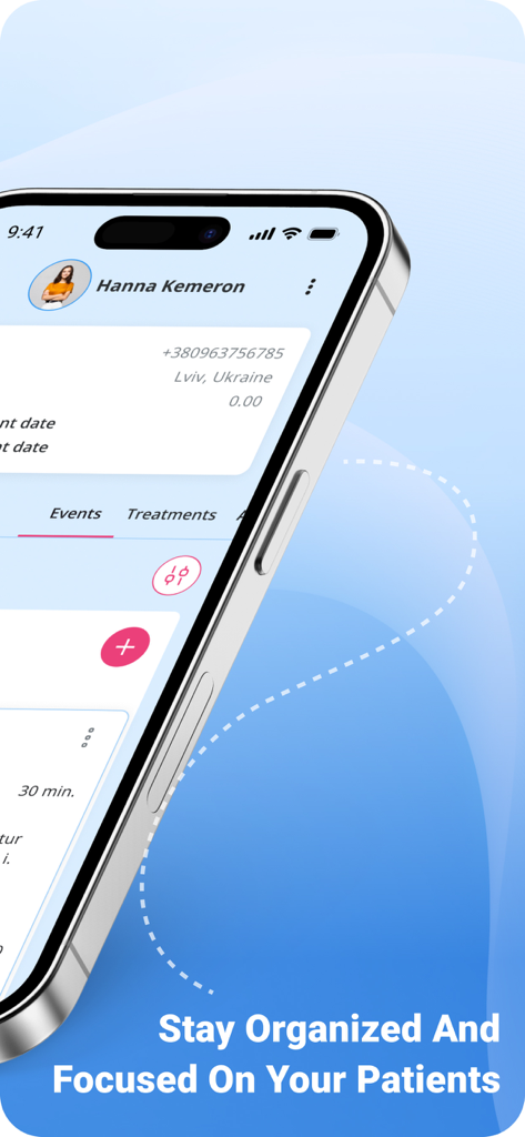 Doctor Clinix app showing a patient profile and treatment history on an iPhone