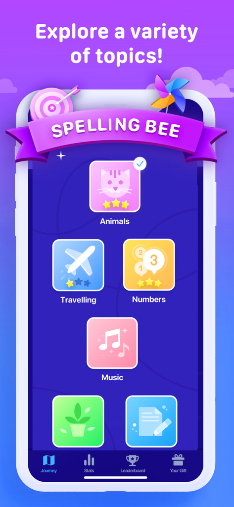 Screenshot of Spelling Bee app showing different learning categories like animals traveling and music