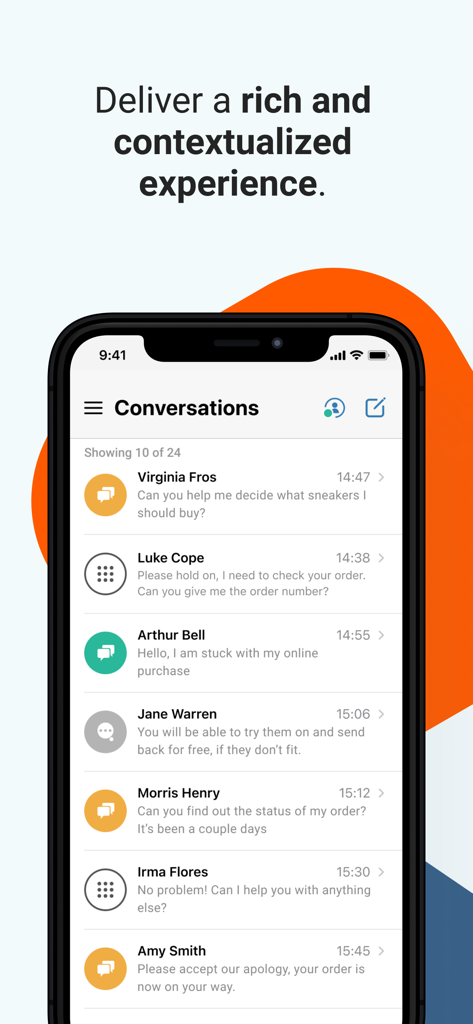 Aplicativo móvel Infobip Conversations exibindo uma lista de threads de chat de clientes