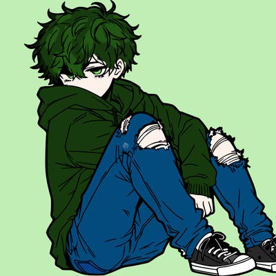 a male hoddie ripped jeans messy hair anime